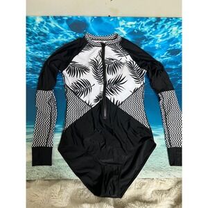 ☀️Womens Long Sleeve Rash Guard One Piece Swimsuit Black White Palm Chevron L